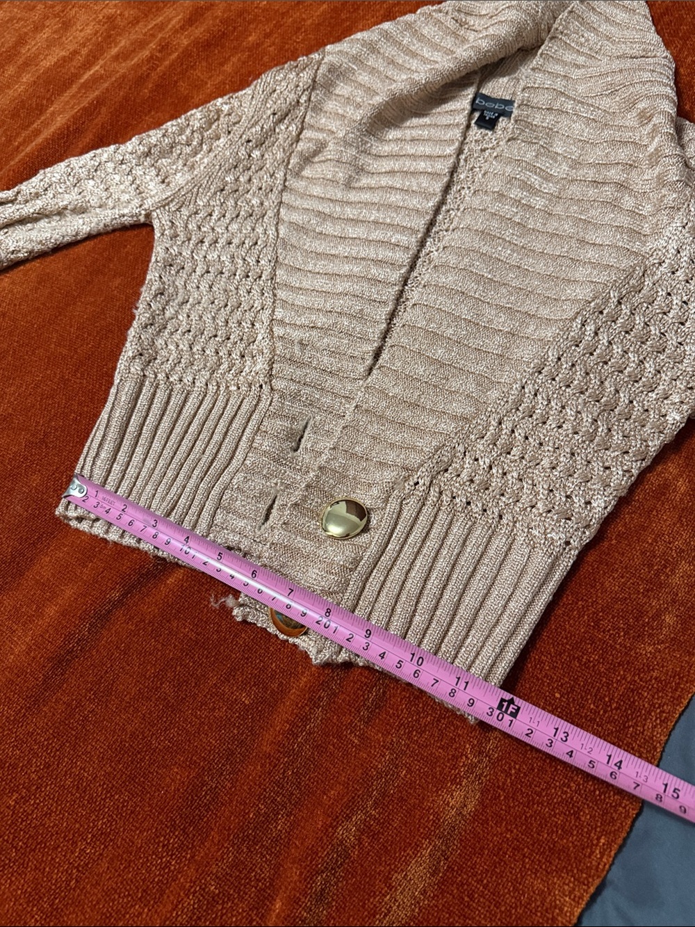 bebe Metallic RoseGold Knit Shawl Collar Cardigan with Gold Buttons | S | Used - Picture 13 of 13